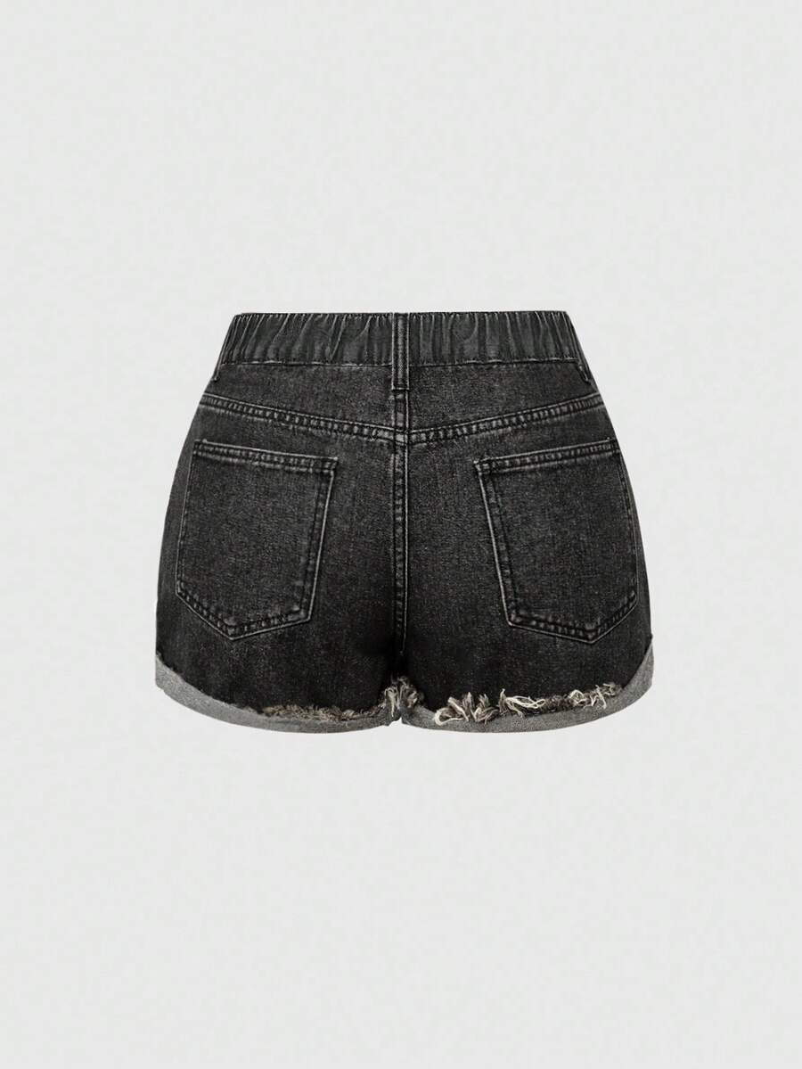Front view of women's ripped denim shorts featuring raw hem, zipper fly, and pockets