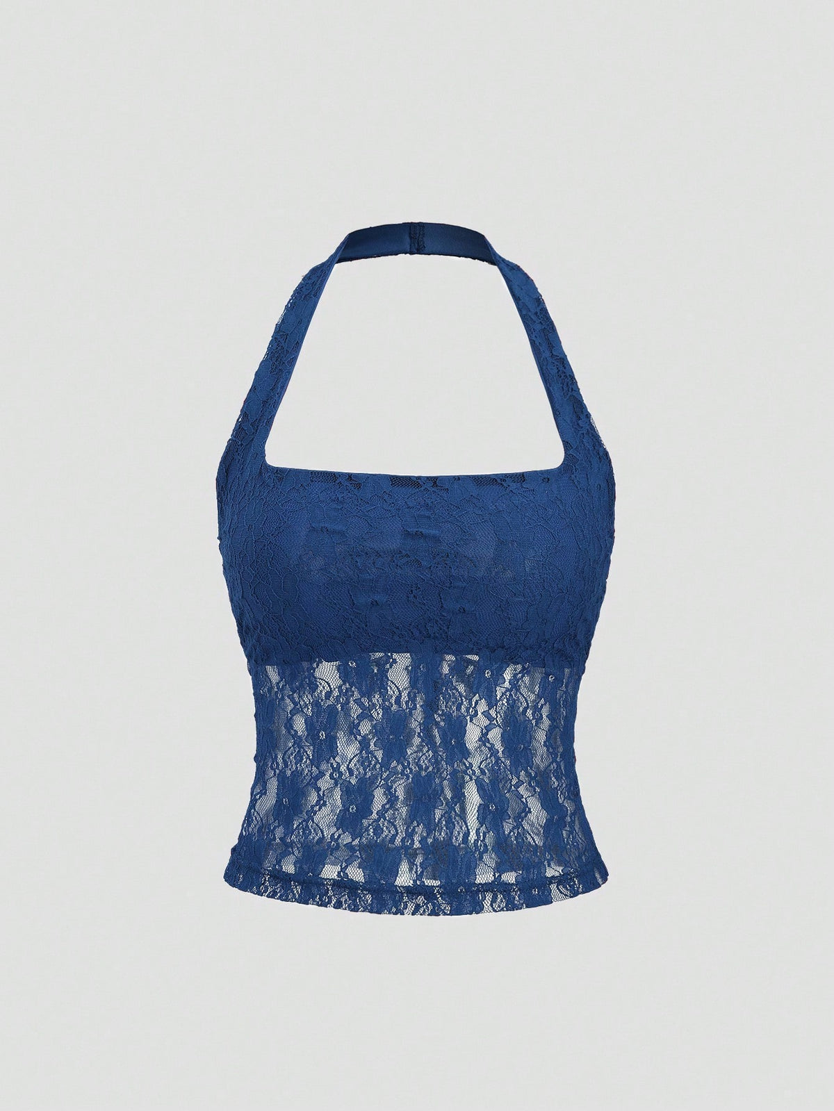 Women's solid lace halter top featuring a backless slim fit design with semi-sheer lace detail.