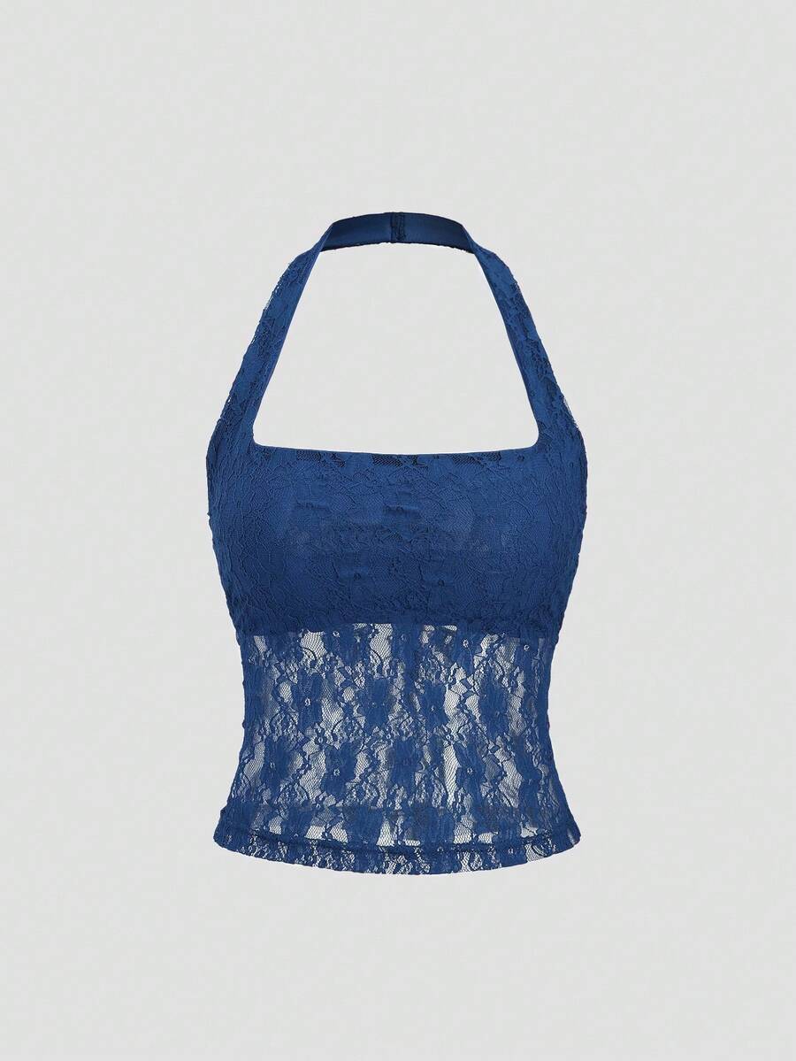 Women's solid lace halter top featuring a backless slim fit design with semi-sheer lace detail.