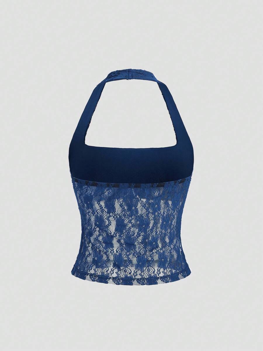 Women's solid lace halter top featuring a backless slim fit design with semi-sheer lace detail.