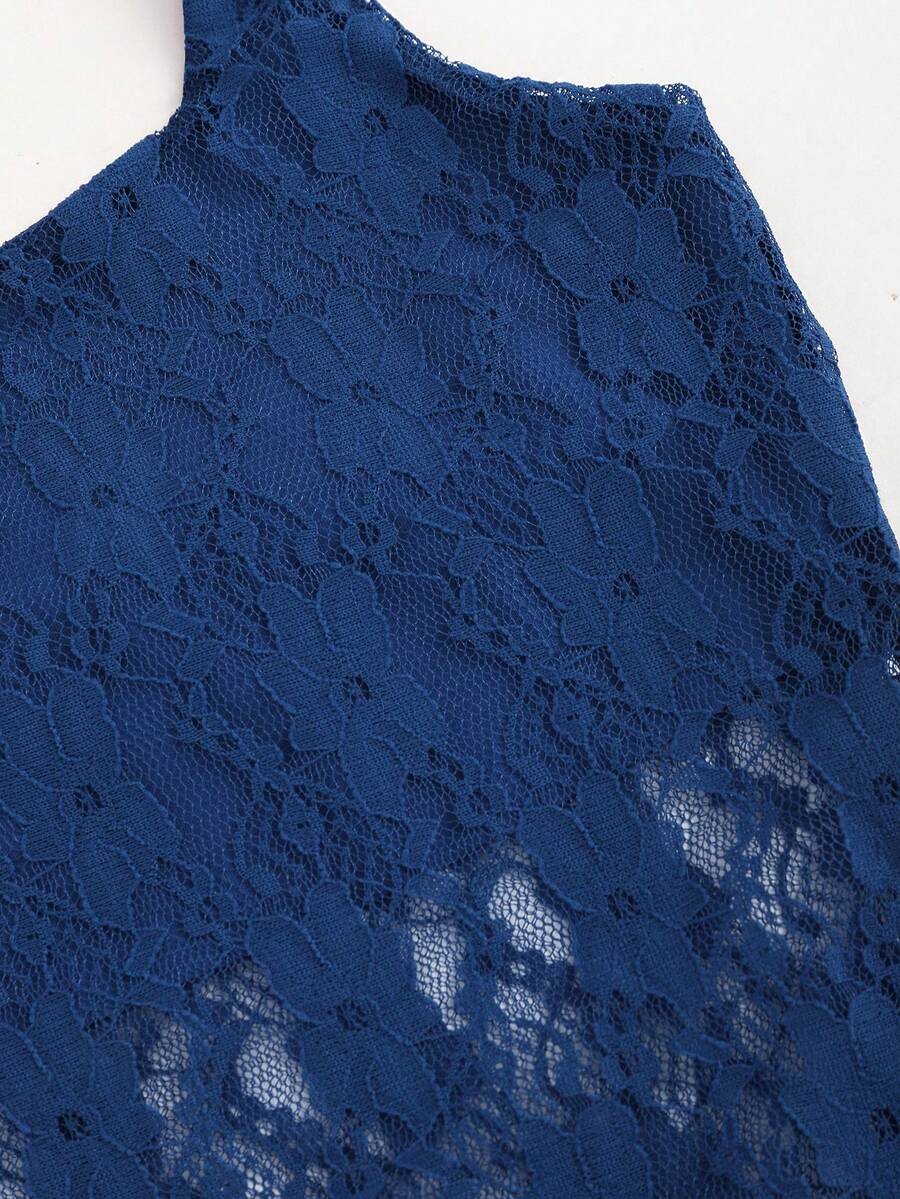 Women's solid lace halter top featuring a backless slim fit design with semi-sheer lace detail.