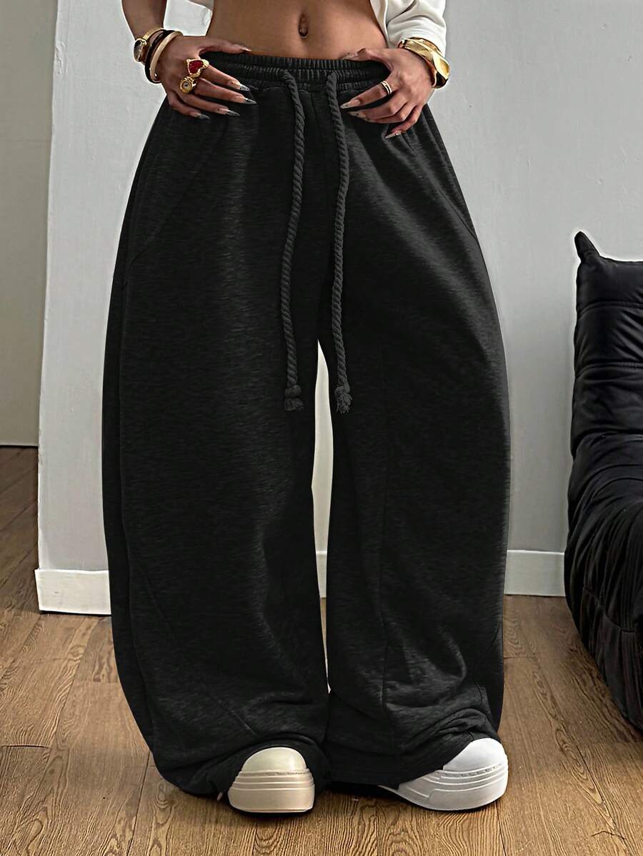Women's loose wide leg casual pants with drawstring waist in plain black