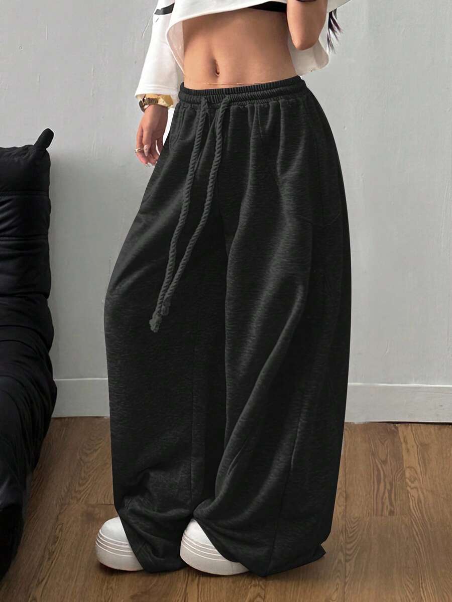 Women's loose wide leg casual pants with drawstring waist in plain black