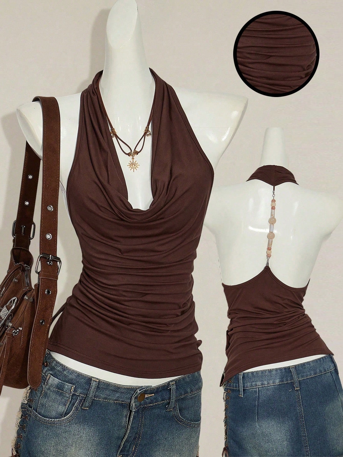 Women's coffee brown backless halter camisole top with draped neckline, ruched details, slim fit, and plain design.
