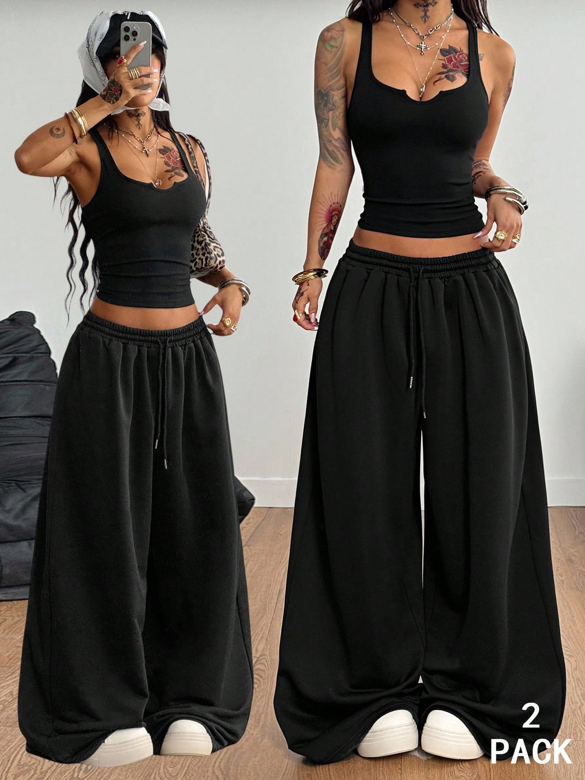 Women's two-piece casual outfit featuring a slim-fit camisole tank top with ruffle trim and button front paired with high-waisted wide leg pants.