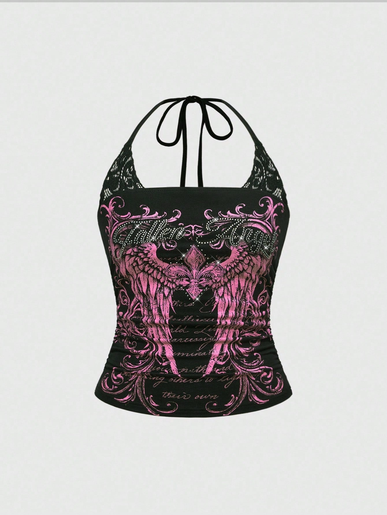 Women's cropped Y2K punk print halter cami top with contrast lace, backless knot detail, and slim fit knitted fabric