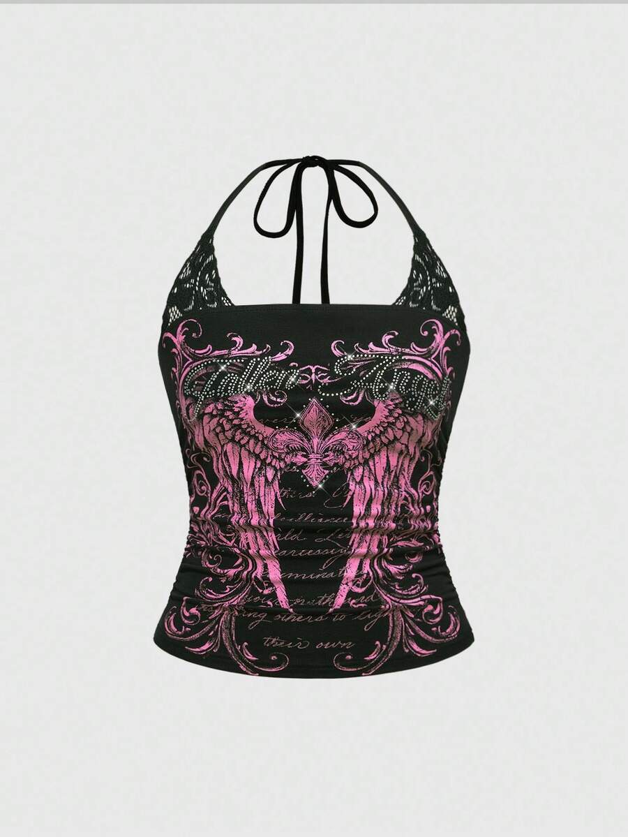 Women's cropped Y2K punk print halter cami top with contrast lace, backless knot detail, and slim fit knitted fabric