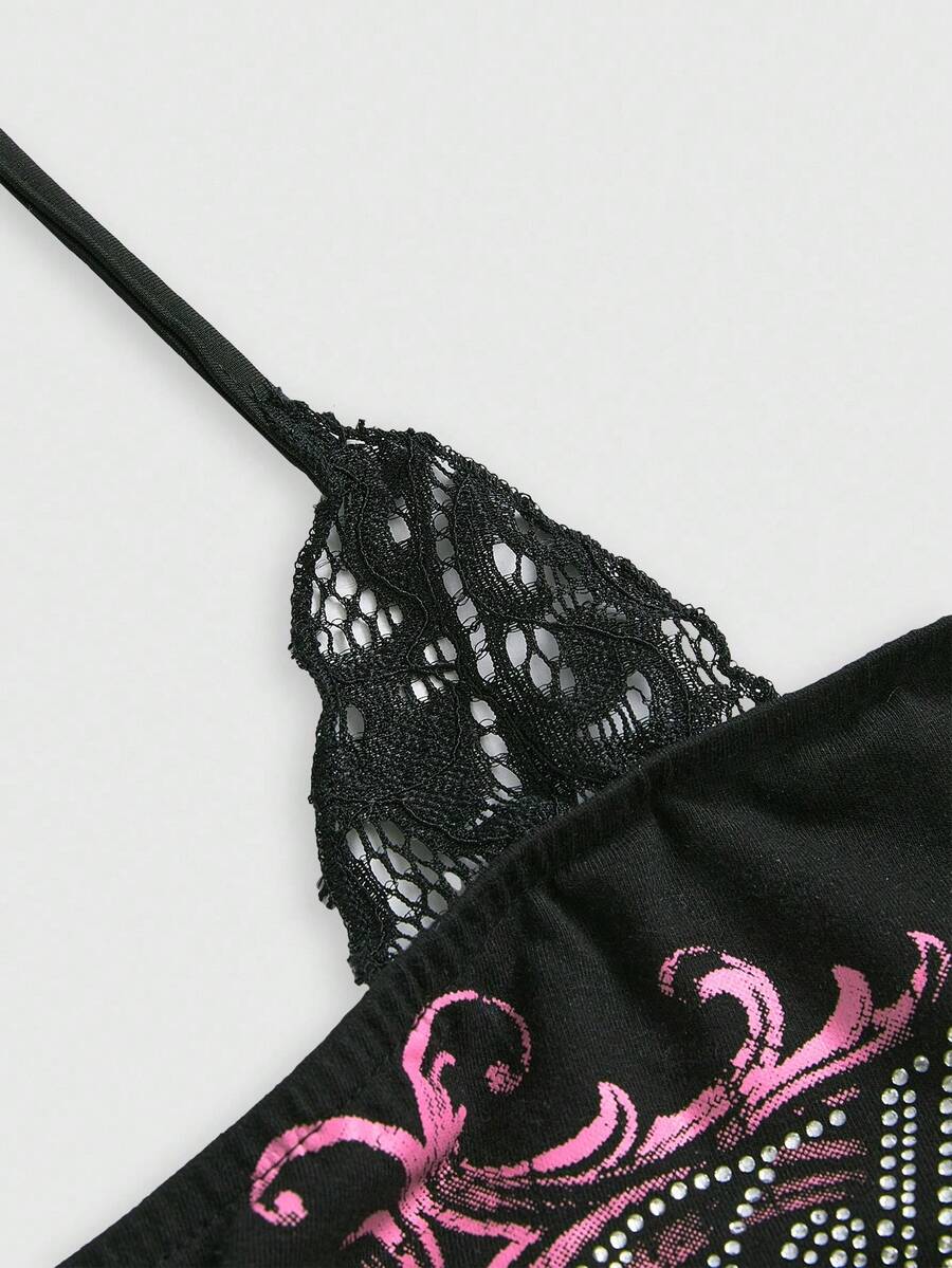 Women's cropped Y2K punk print halter cami top with contrast lace, backless knot detail, and slim fit knitted fabric