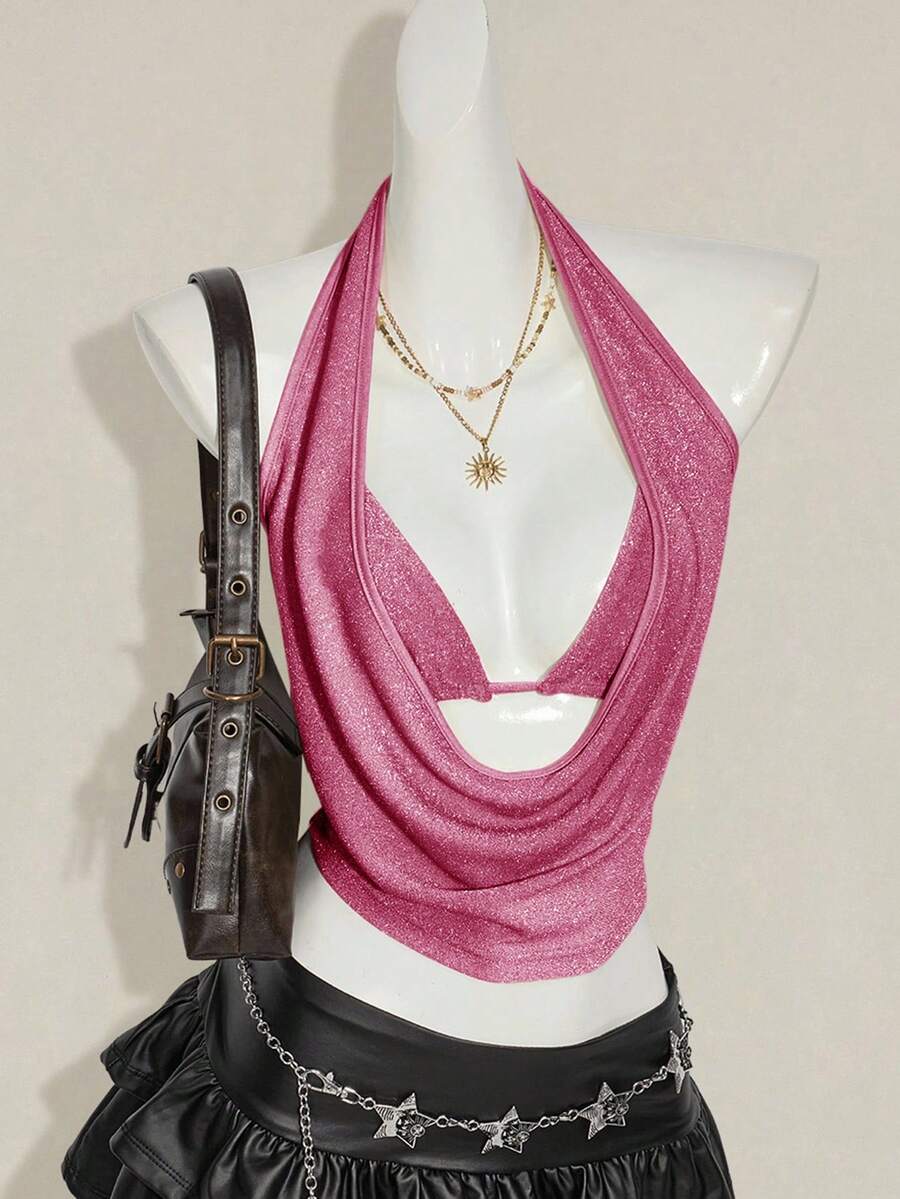 Women's glitter halter backless micro crop tank top featuring a draped knot front design.
