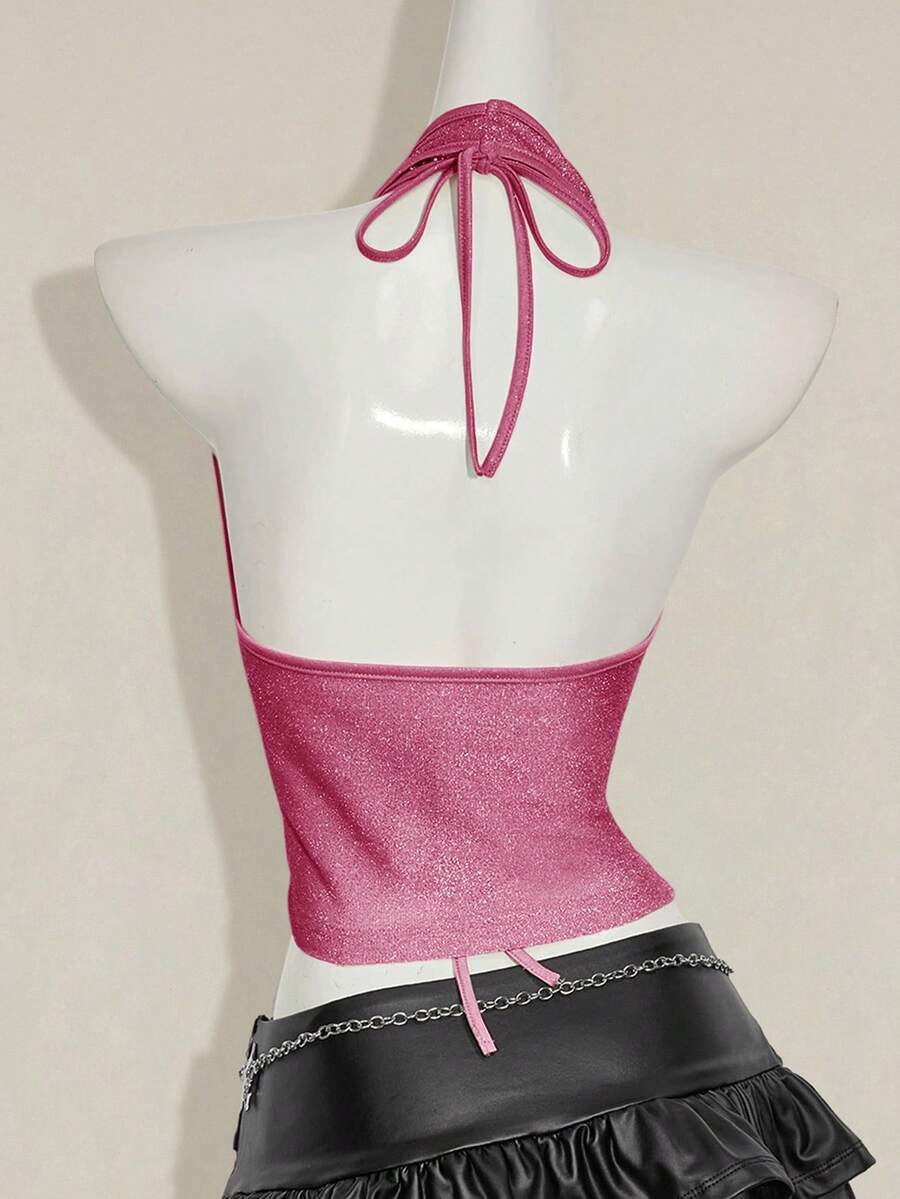 Women's glitter halter backless micro crop tank top featuring a draped knot front design.