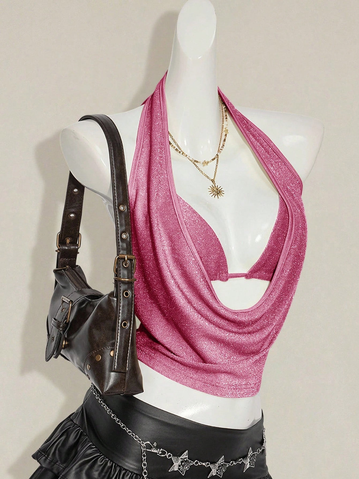 Women's glitter halter backless micro crop tank top featuring a draped knot front design.