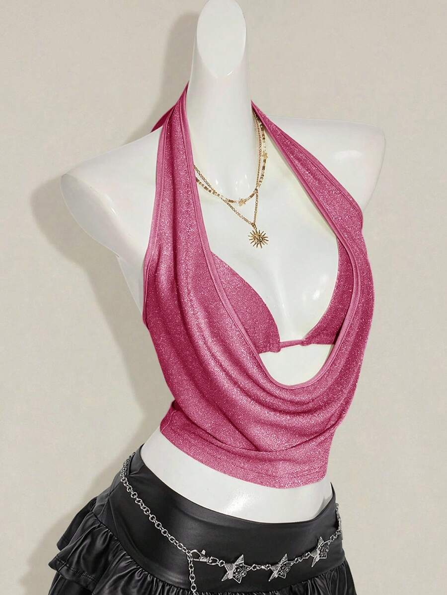 Women's glitter halter backless micro crop tank top featuring a draped knot front design.