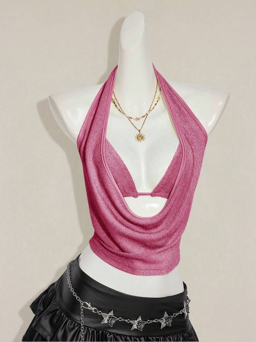 Women's glitter halter backless micro crop tank top featuring a draped knot front design.