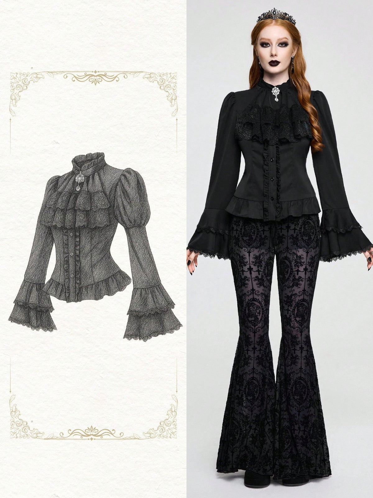 Vintage gothic style women's blouse with stand collar, detachable ruffled bow tie, gem pendant, and flare sleeves