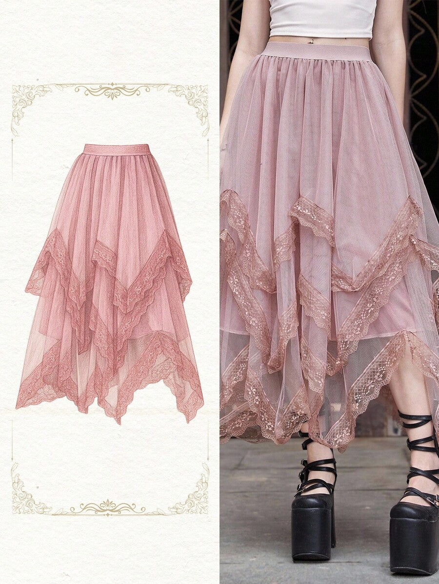 Women's asymmetrical high-waist mesh long skirt featuring contrast lace trim and a tiered A-line silhouette.
