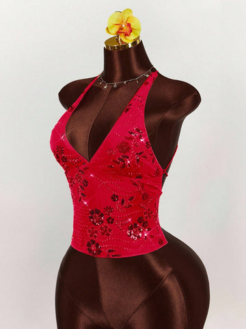 Women's embroidered sequin halter cami top featuring a deep V-neck, backless party design, and slim fit silhouette.