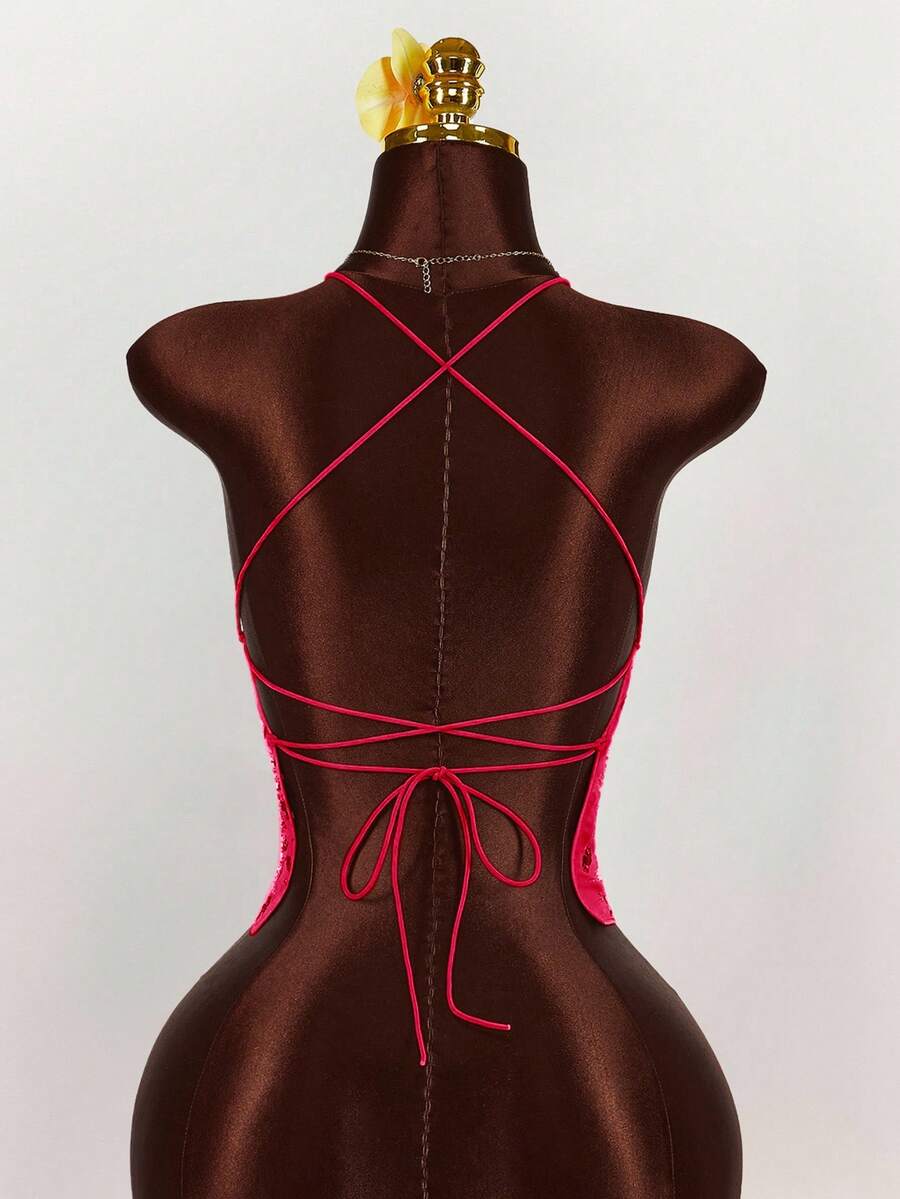 Women's embroidered sequin halter cami top featuring a deep V-neck, backless party design, and slim fit silhouette.