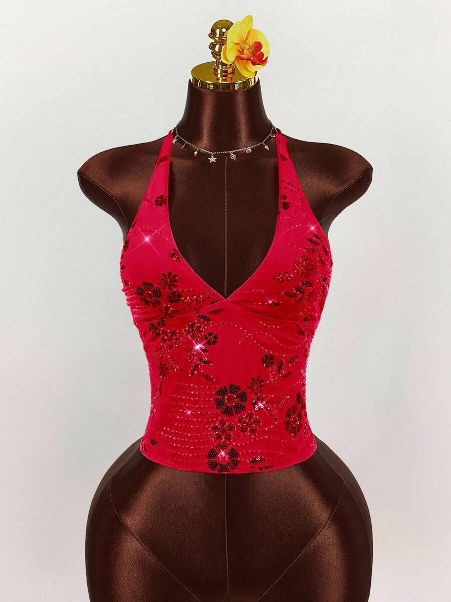 Women's embroidered sequin halter cami top featuring a deep V-neck, backless party design, and slim fit silhouette.