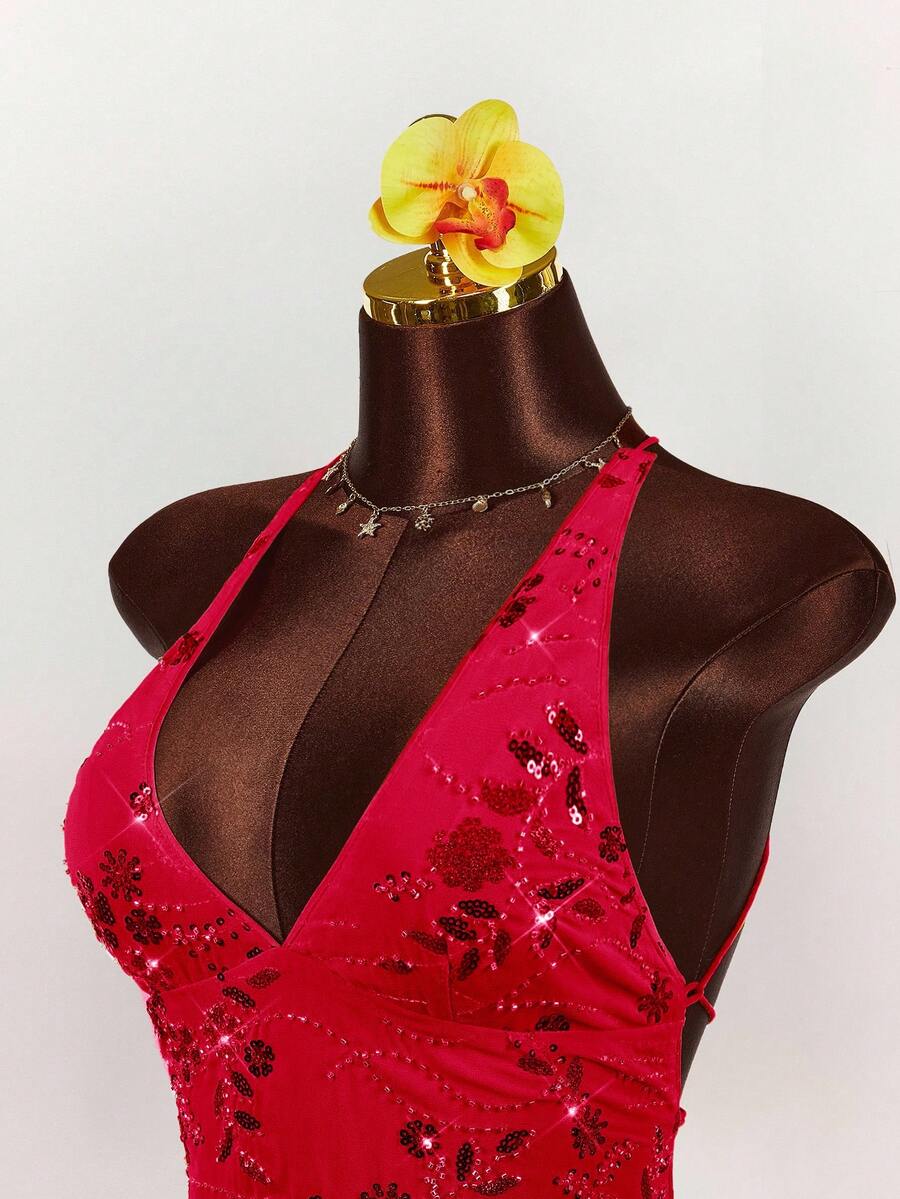 Women's embroidered sequin halter cami top featuring a deep V-neck, backless party design, and slim fit silhouette.