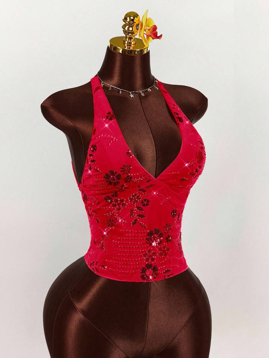 Women's embroidered sequin halter cami top featuring a deep V-neck, backless party design, and slim fit silhouette.