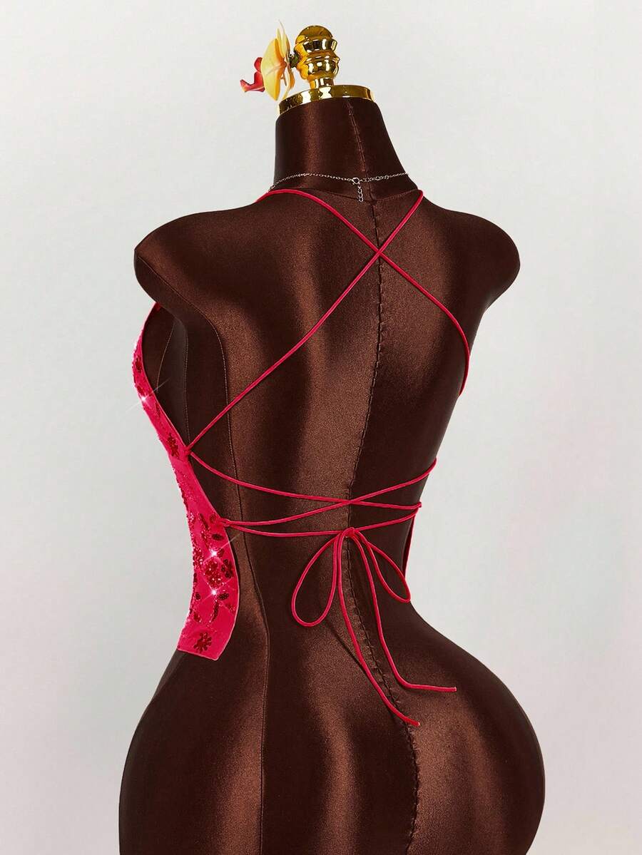 Women's embroidered sequin halter cami top featuring a deep V-neck, backless party design, and slim fit silhouette.