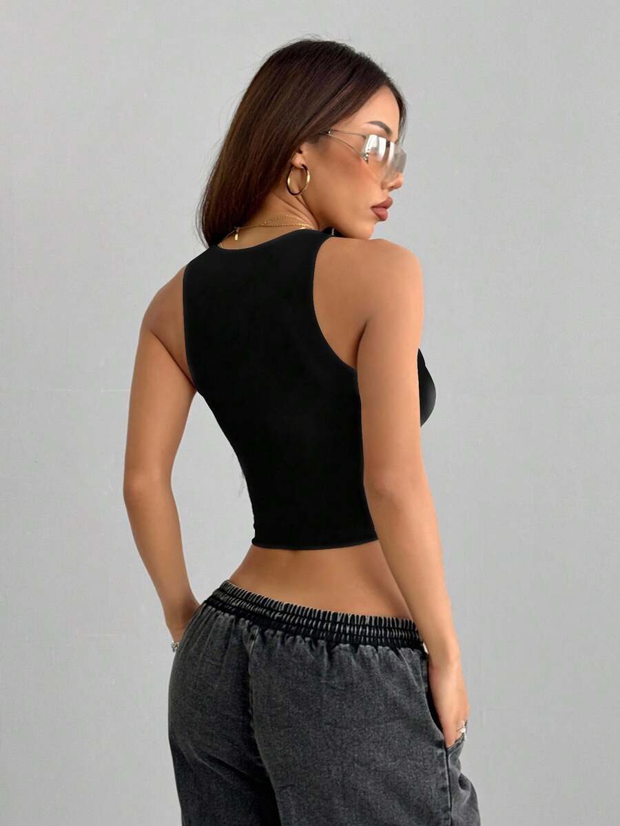 Multicolor slim fit crop tank top for women featuring a round neck and rib-knit backless design.