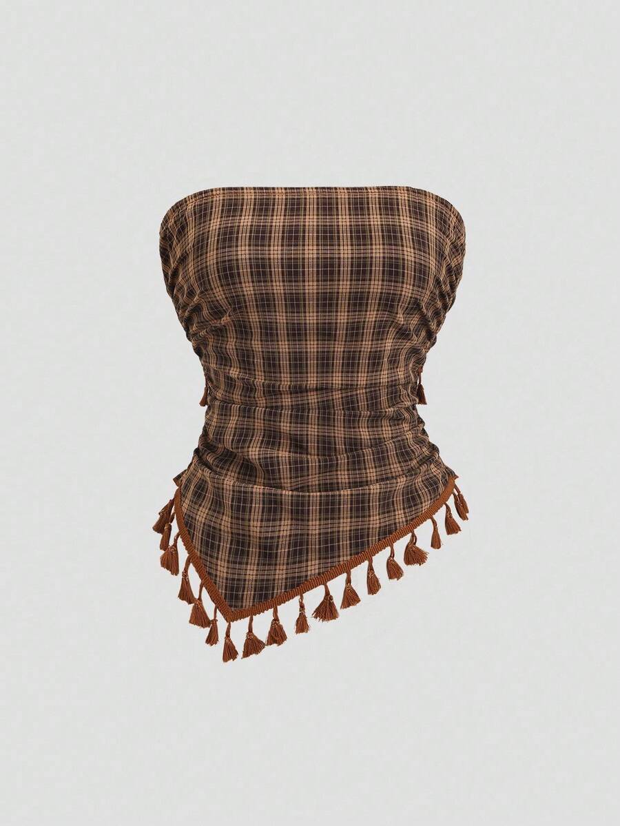 French retro plaid strapless camisole top with an asymmetrical fringe hem.