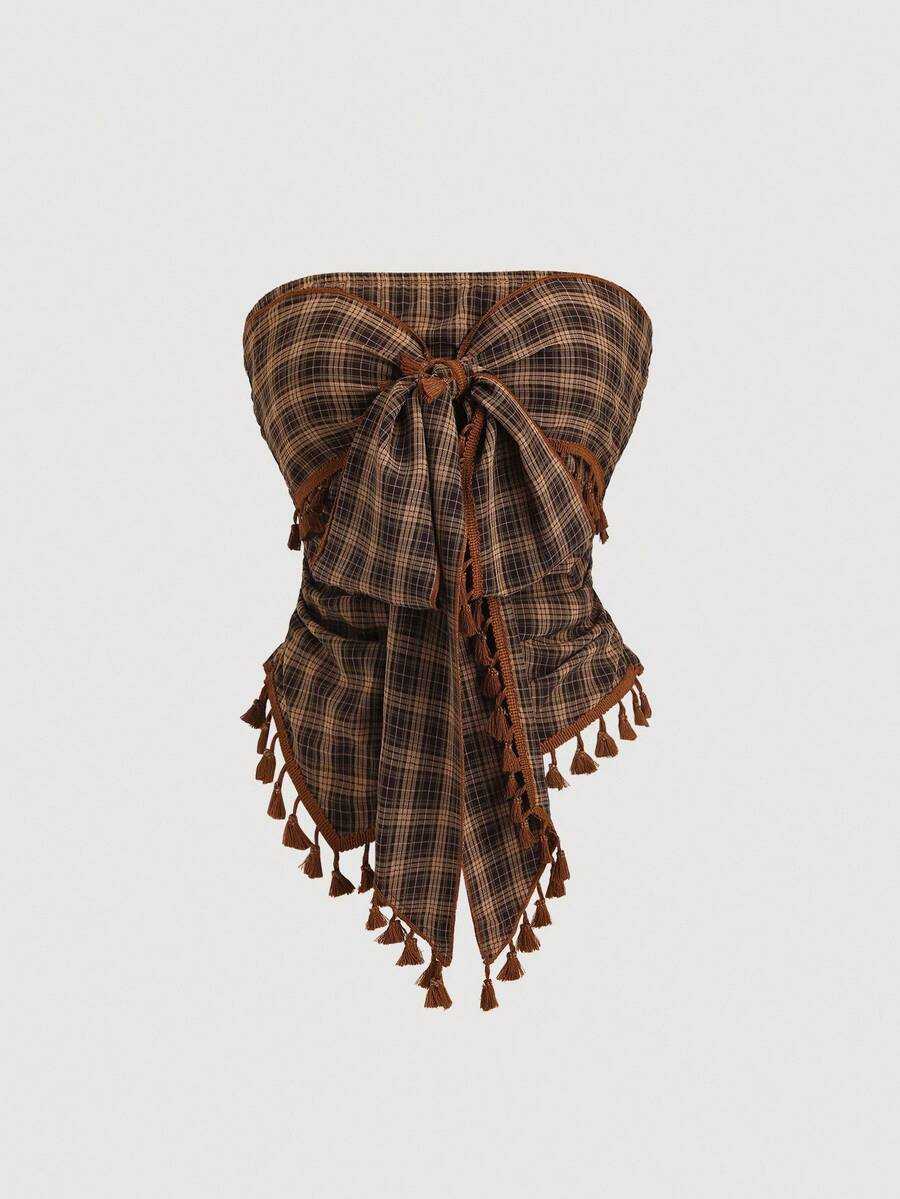 French retro plaid strapless camisole top with an asymmetrical fringe hem.