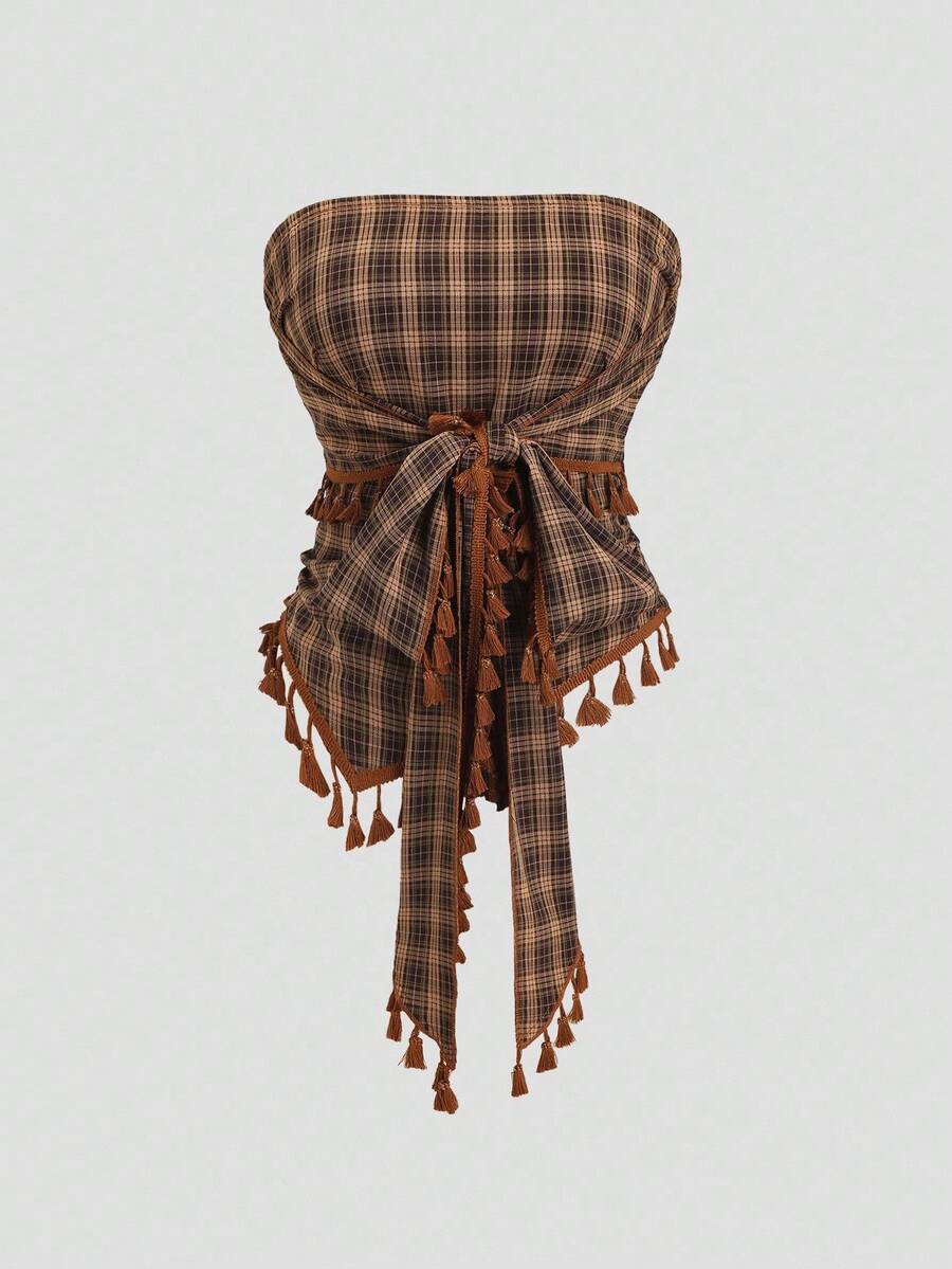 French retro plaid strapless camisole top with an asymmetrical fringe hem.