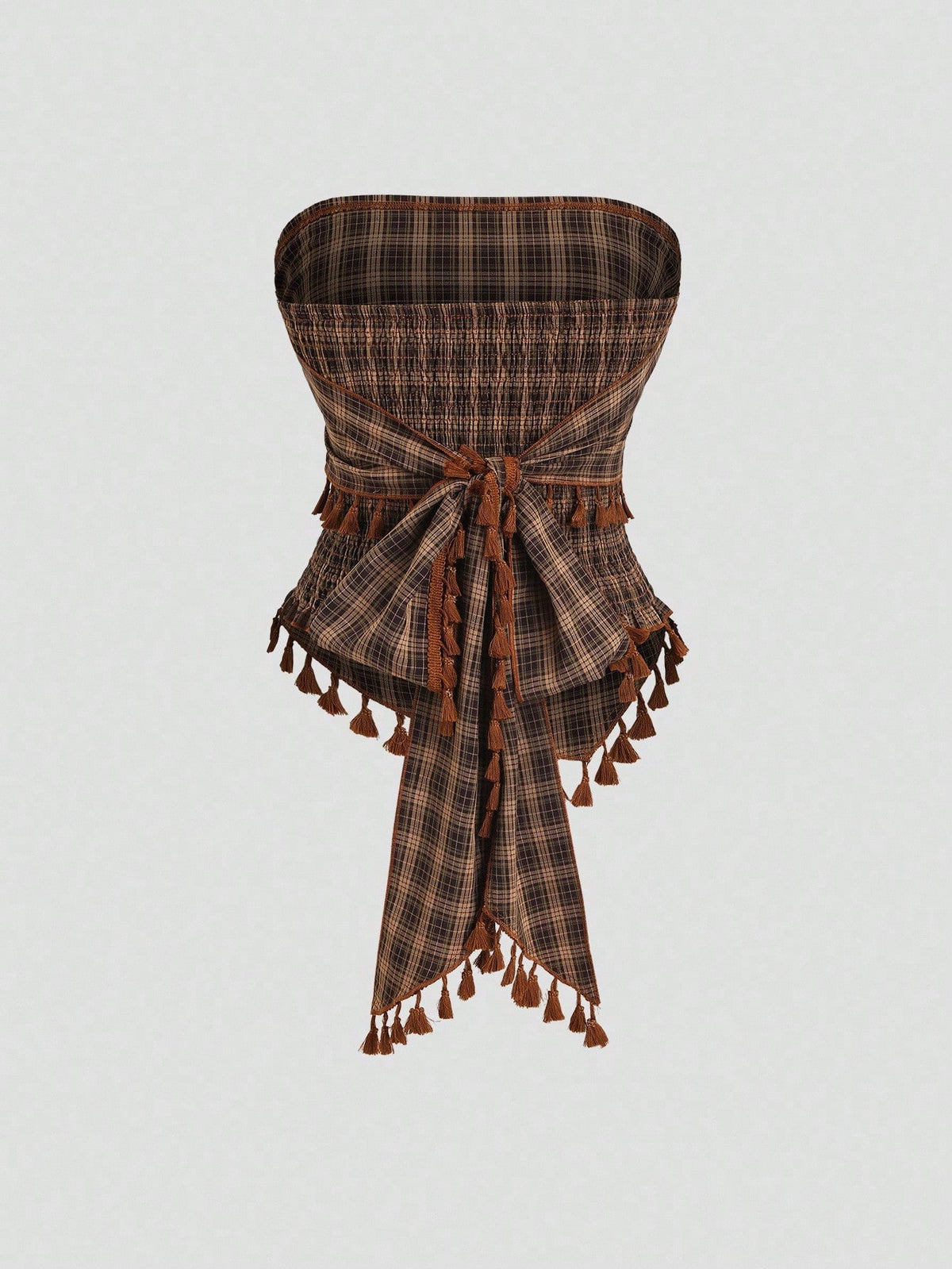 French retro plaid strapless camisole top with an asymmetrical fringe hem.