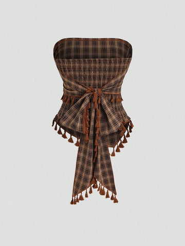 French retro plaid strapless camisole top with an asymmetrical fringe hem.