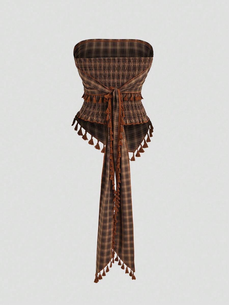 French retro plaid strapless camisole top with an asymmetrical fringe hem.