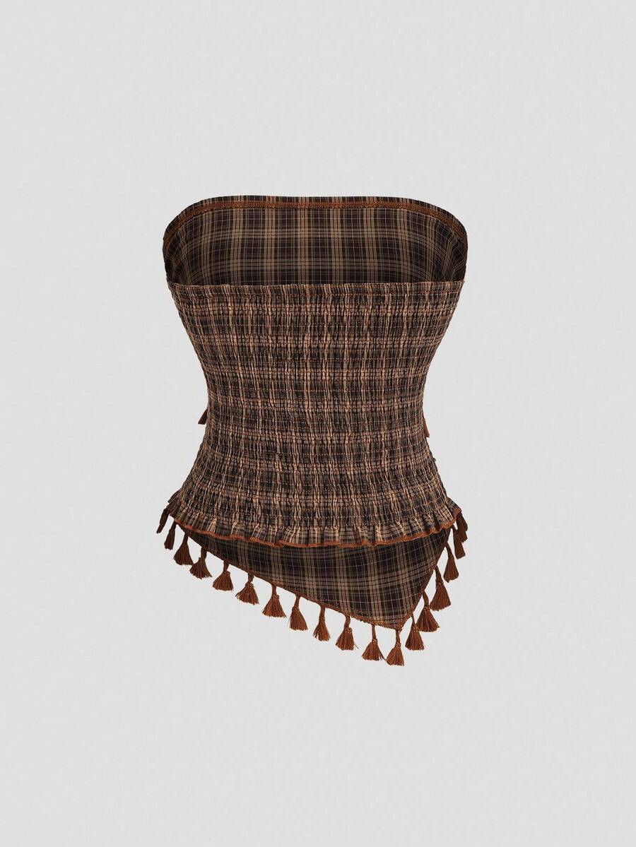 French retro plaid strapless camisole top with an asymmetrical fringe hem.