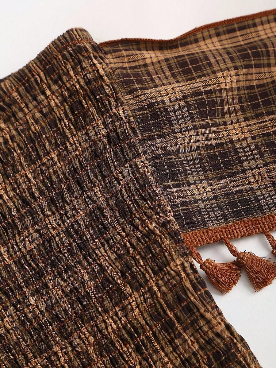 French retro plaid strapless camisole top with an asymmetrical fringe hem.