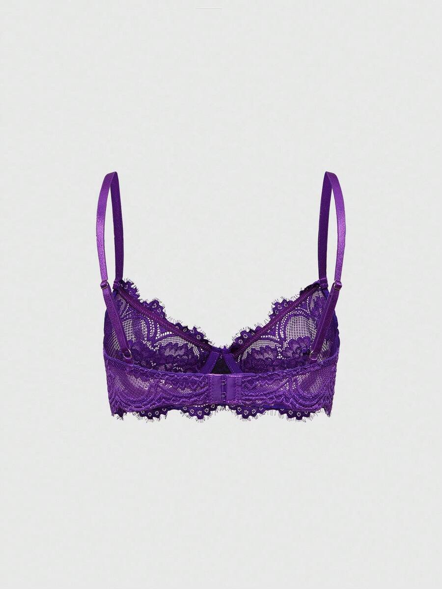 Sheer floral lace underwire triangle bra for women featuring adjustable straps and plunge cup design.