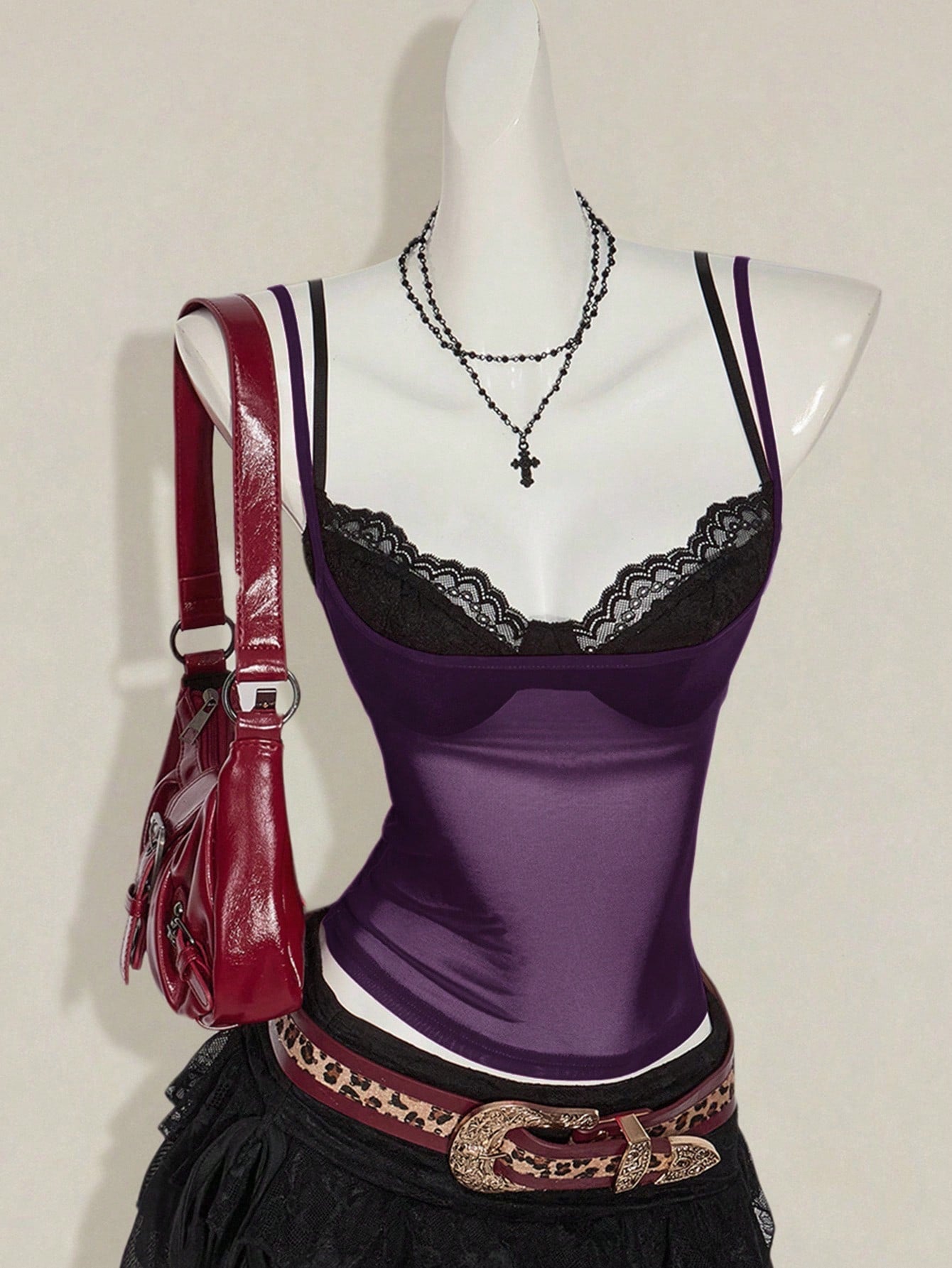 Women's grey leopard print spaghetti strap cami with black contrast lace trim and slim fit design