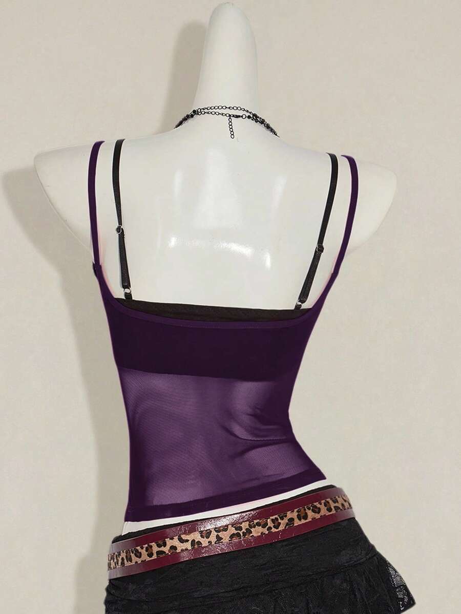 Women's grey leopard print spaghetti strap cami with black contrast lace trim and slim fit design