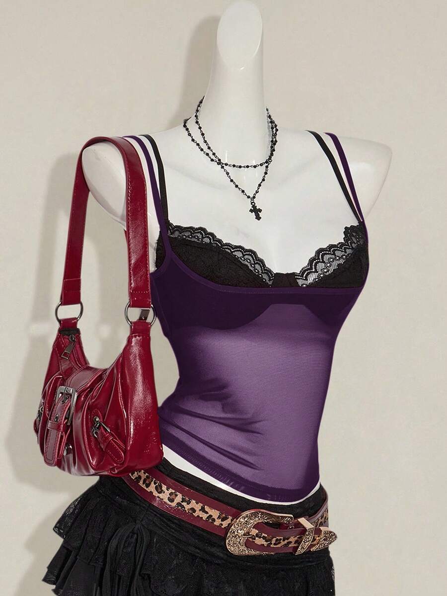Women's grey leopard print spaghetti strap cami with black contrast lace trim and slim fit design