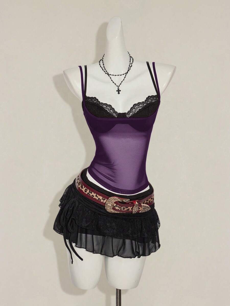 Women's grey leopard print spaghetti strap cami with black contrast lace trim and slim fit design