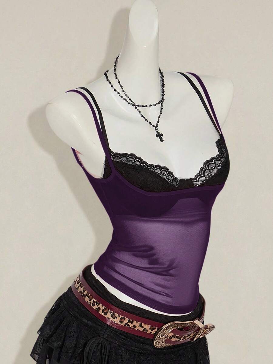 Women's grey leopard print spaghetti strap cami with black contrast lace trim and slim fit design