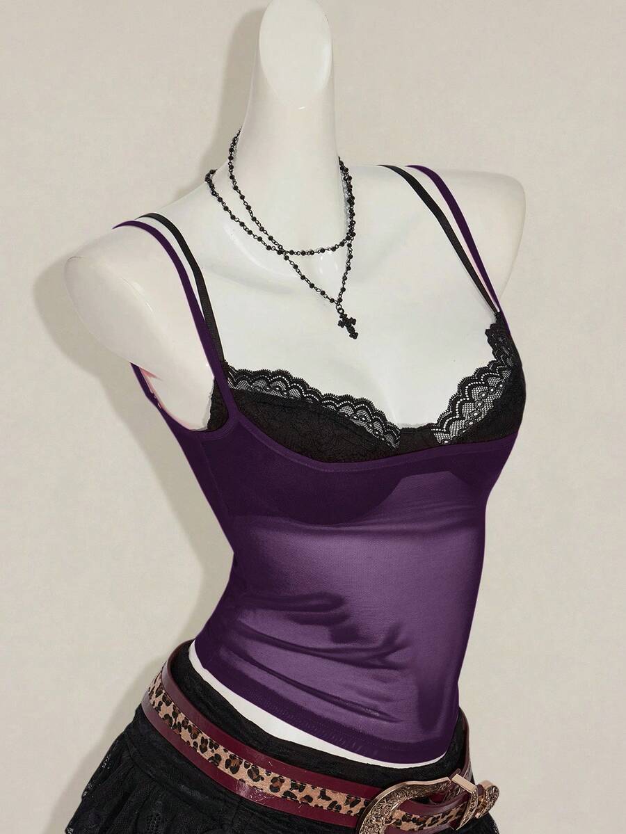 Women's grey leopard print spaghetti strap cami with black contrast lace trim and slim fit design