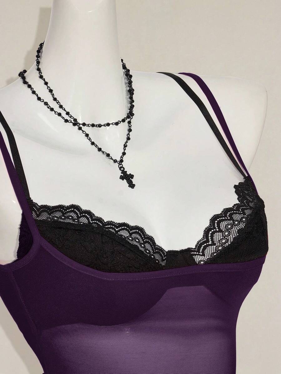 Women's grey leopard print spaghetti strap cami with black contrast lace trim and slim fit design