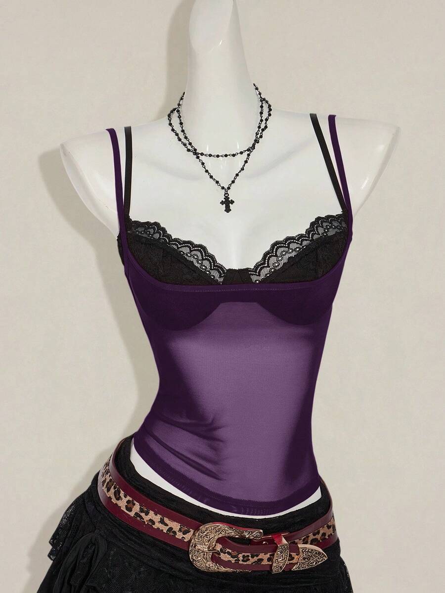 Women's grey leopard print spaghetti strap cami with black contrast lace trim and slim fit design