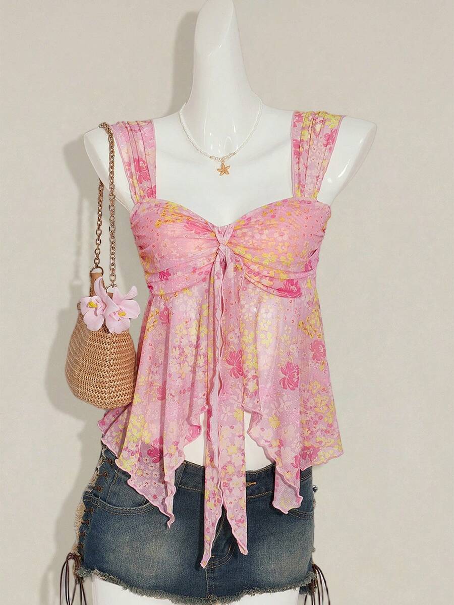 Women's white cherry print cami top with wide straps, ruched knot detail, and an asymmetrical hem