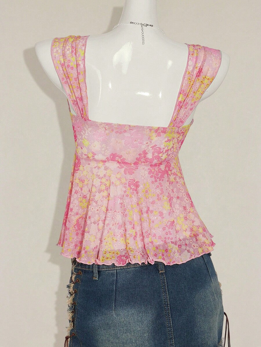 Women's white cherry print cami top with wide straps, ruched knot detail, and an asymmetrical hem