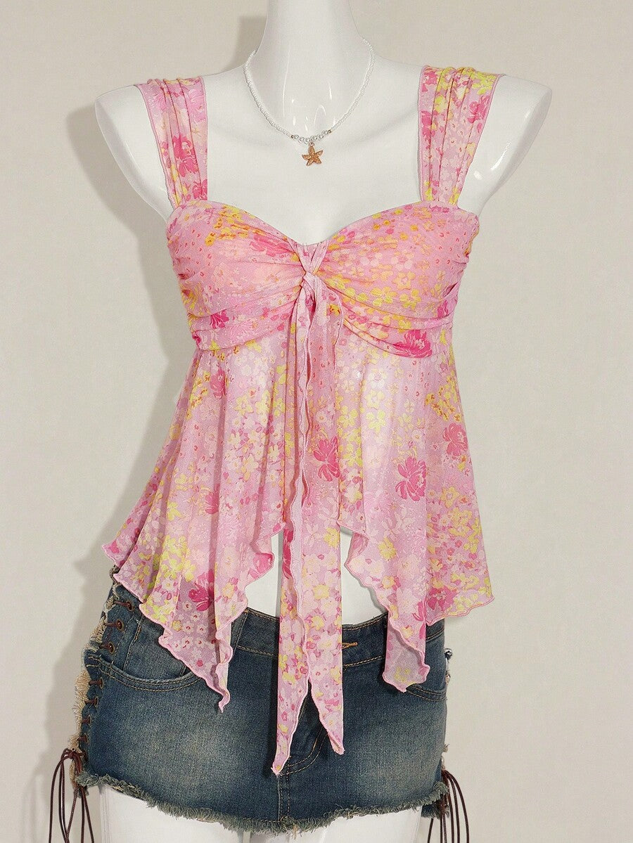Women's white cherry print cami top with wide straps, ruched knot detail, and an asymmetrical hem
