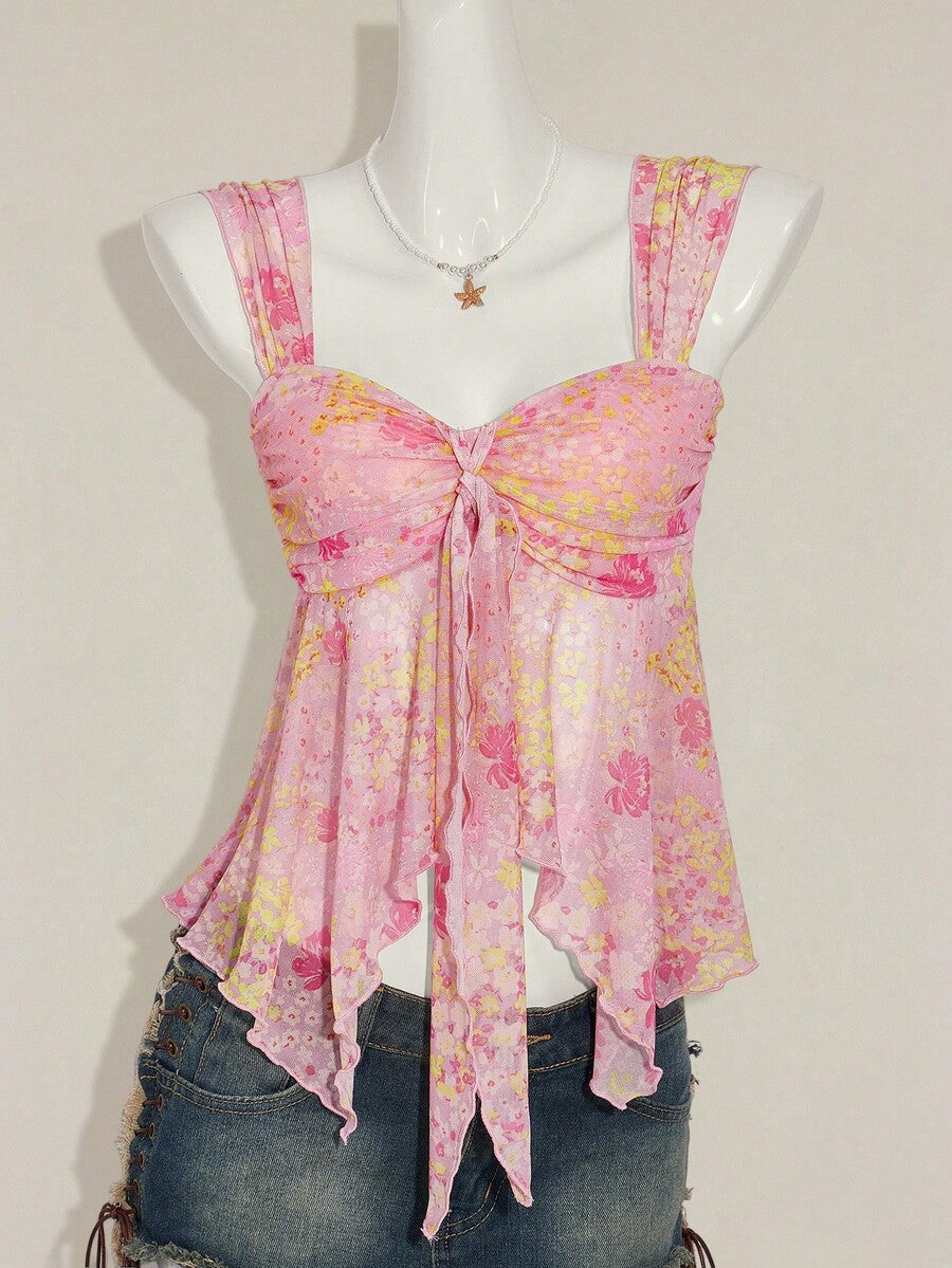 Women's white cherry print cami top with wide straps, ruched knot detail, and an asymmetrical hem