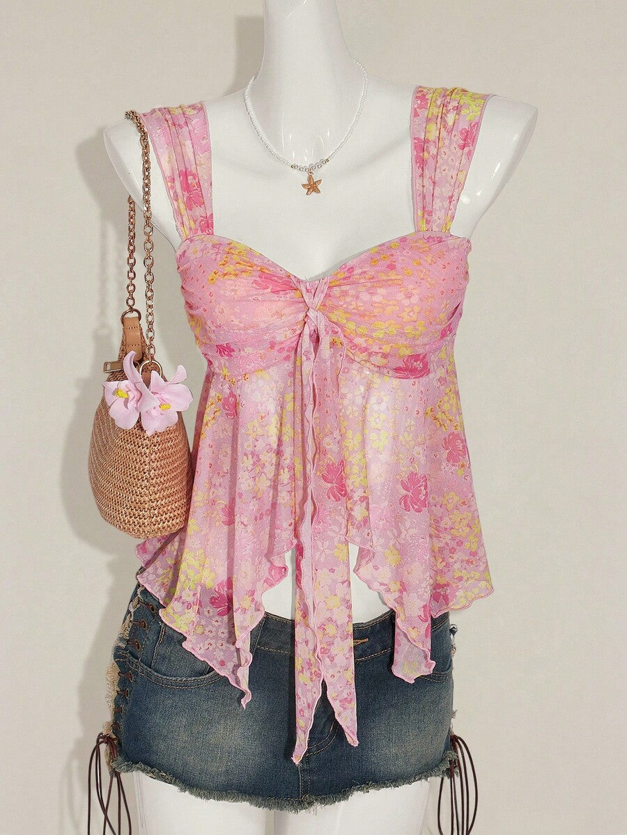 Women's white cherry print cami top with wide straps, ruched knot detail, and an asymmetrical hem