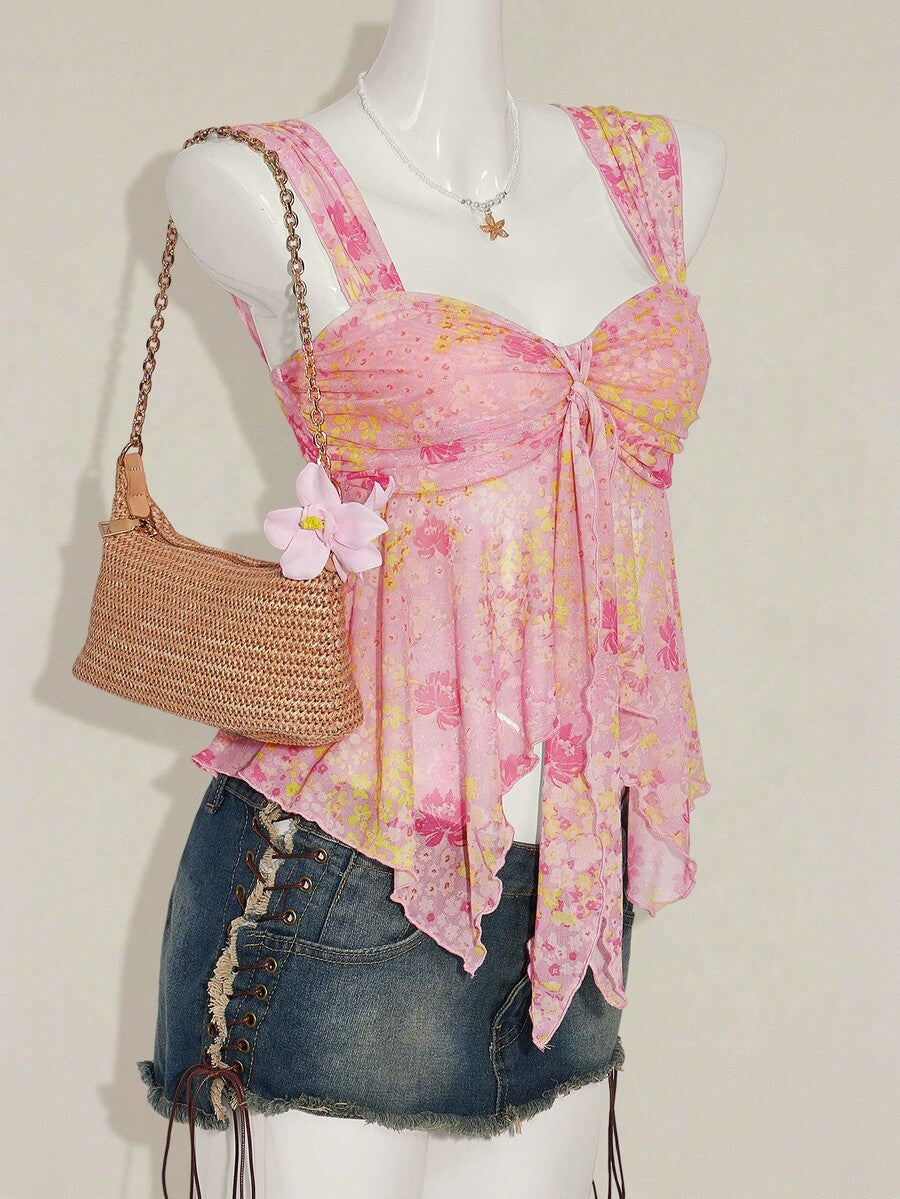 Women's white cherry print cami top with wide straps, ruched knot detail, and an asymmetrical hem