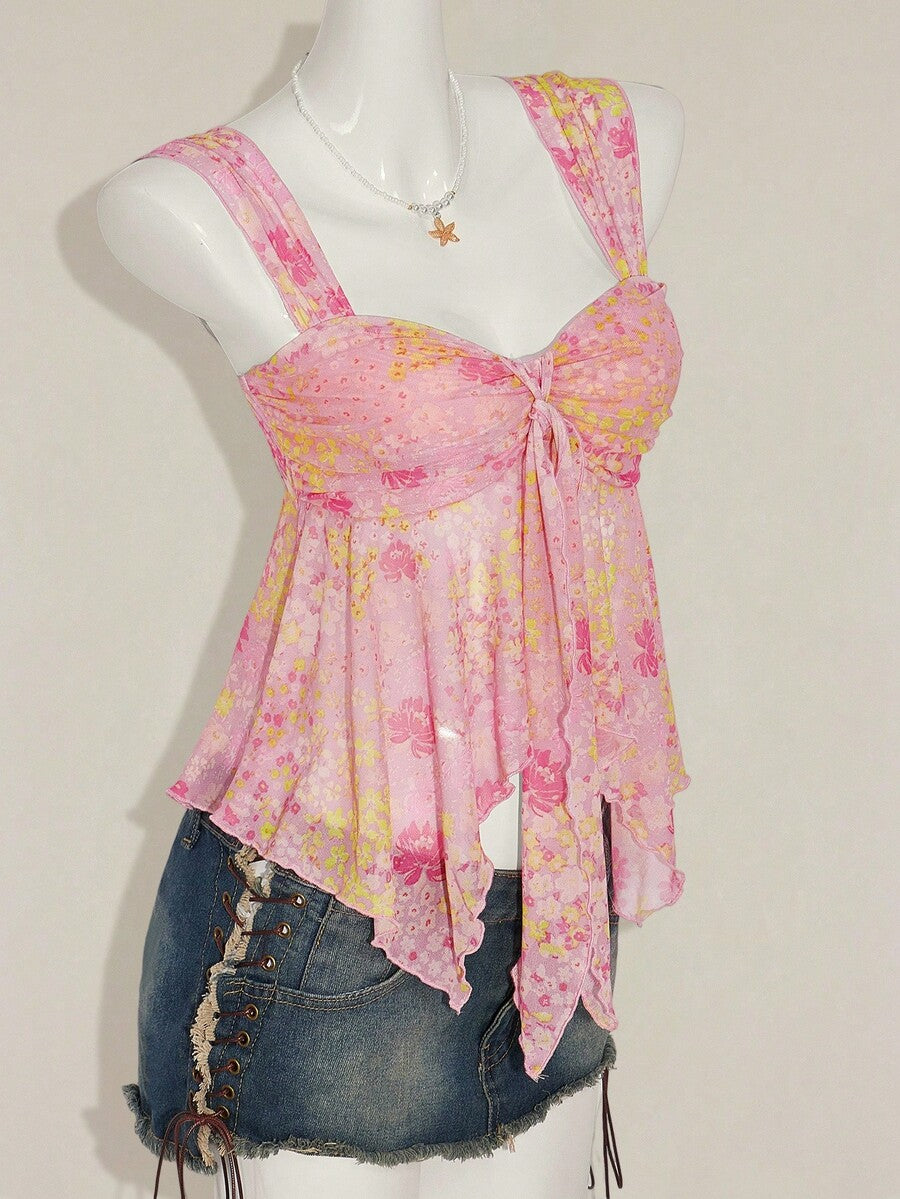 Women's white cherry print cami top with wide straps, ruched knot detail, and an asymmetrical hem